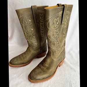 Frye 77035 Austin Flower Women Olive Green Leather Western Pull On Boots